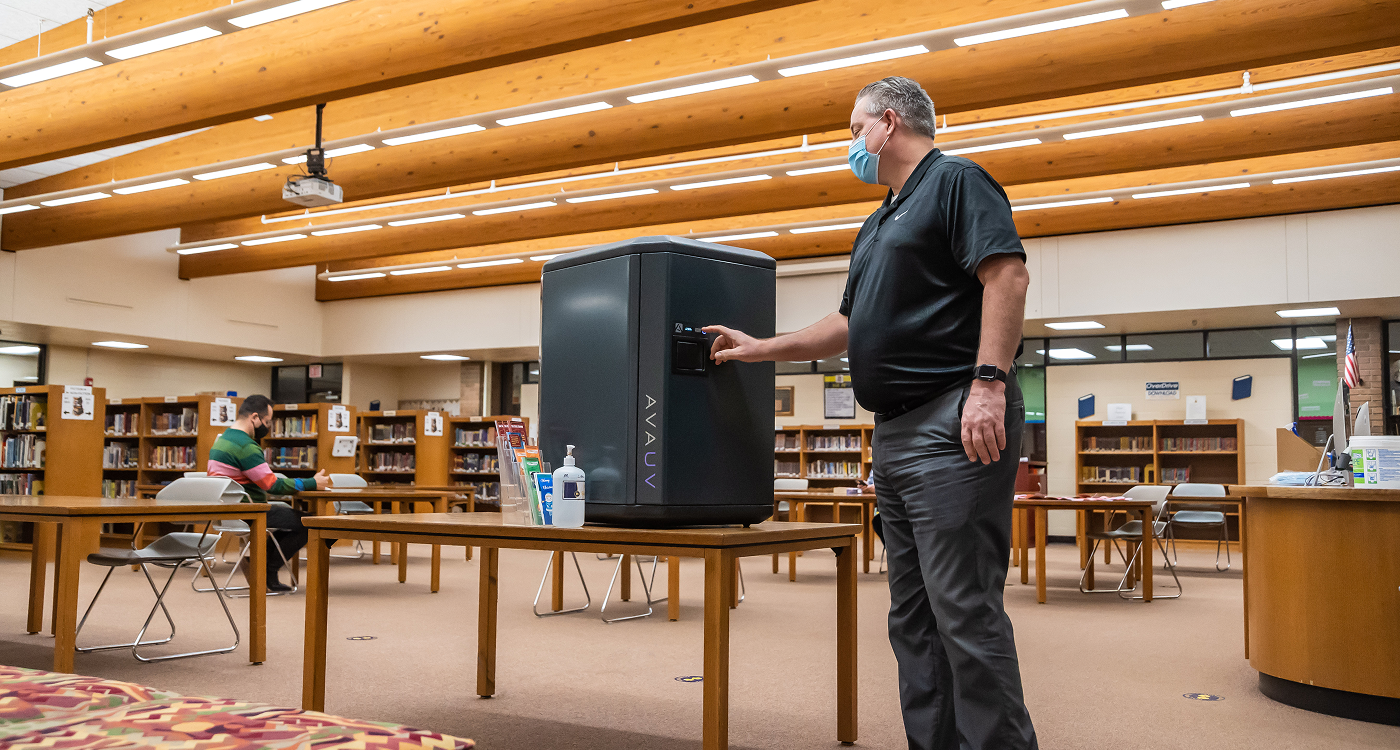 AvaUV Disinfection Cube being used in a library
